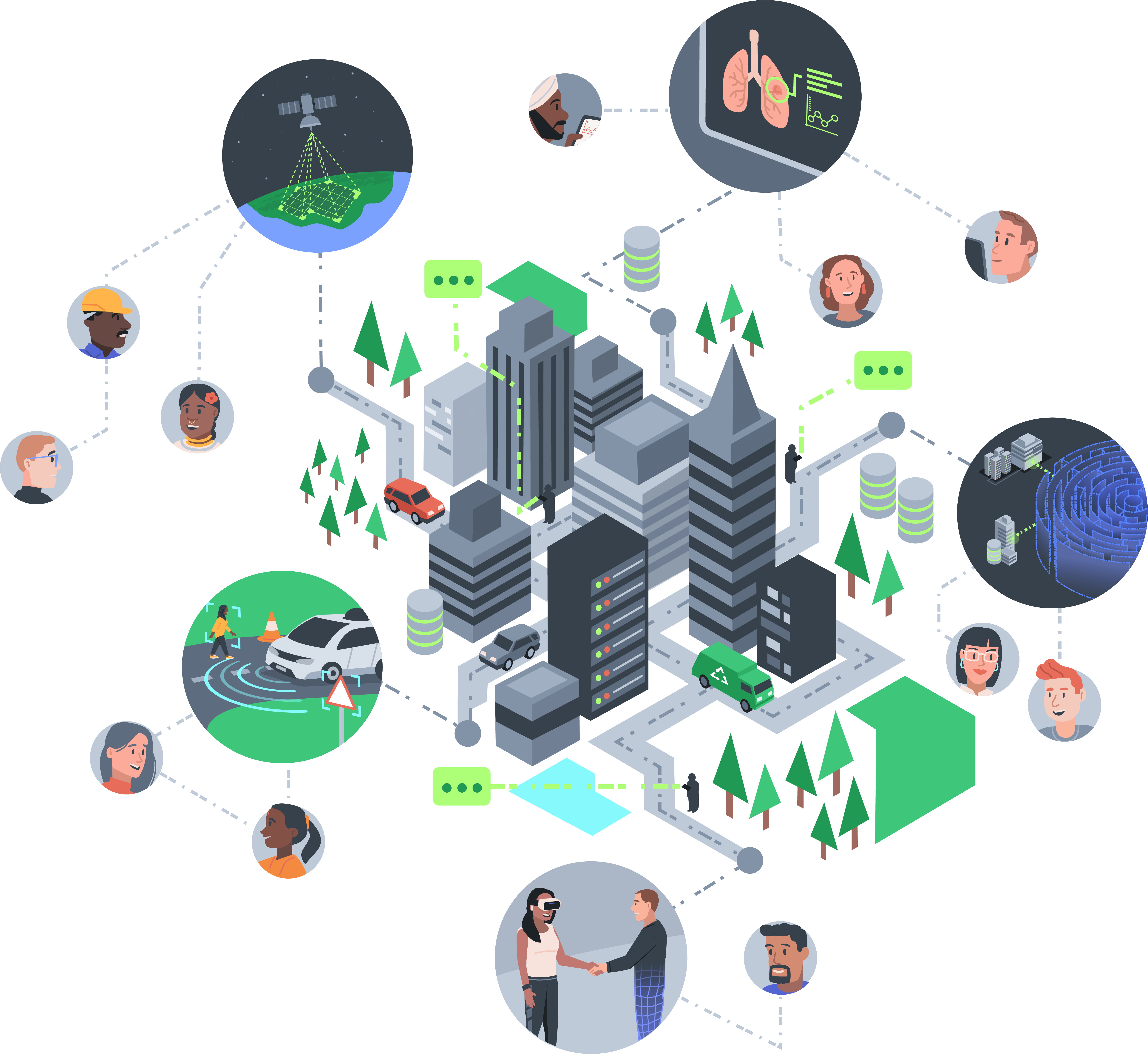 Illustration of a smart city with a central skyscraper linked by dotted lines to icons depicting autonomous vehicles, sustainable energy, and digital communication. Peripheral circles show interactions like a virtual handshake, medical diagnostics, and satellite communication, emphasizing a connected, tech-integrated urban environment.